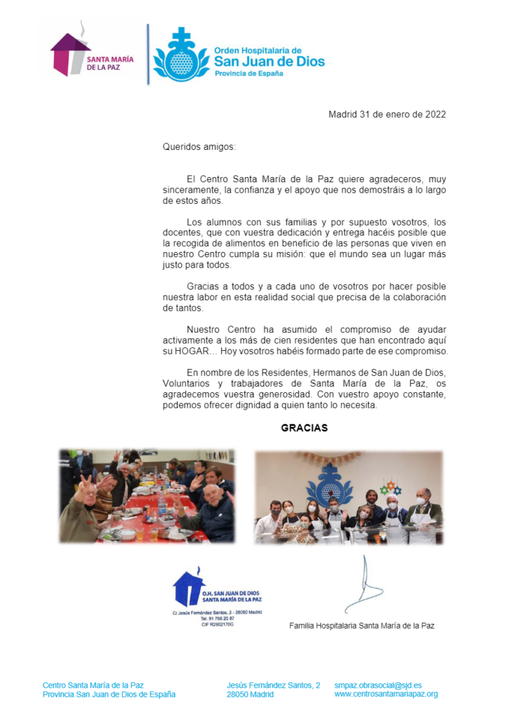 Carta agradecimiento campaña de Navidad Diciembre 2021 Fundación Colegio Bérriz