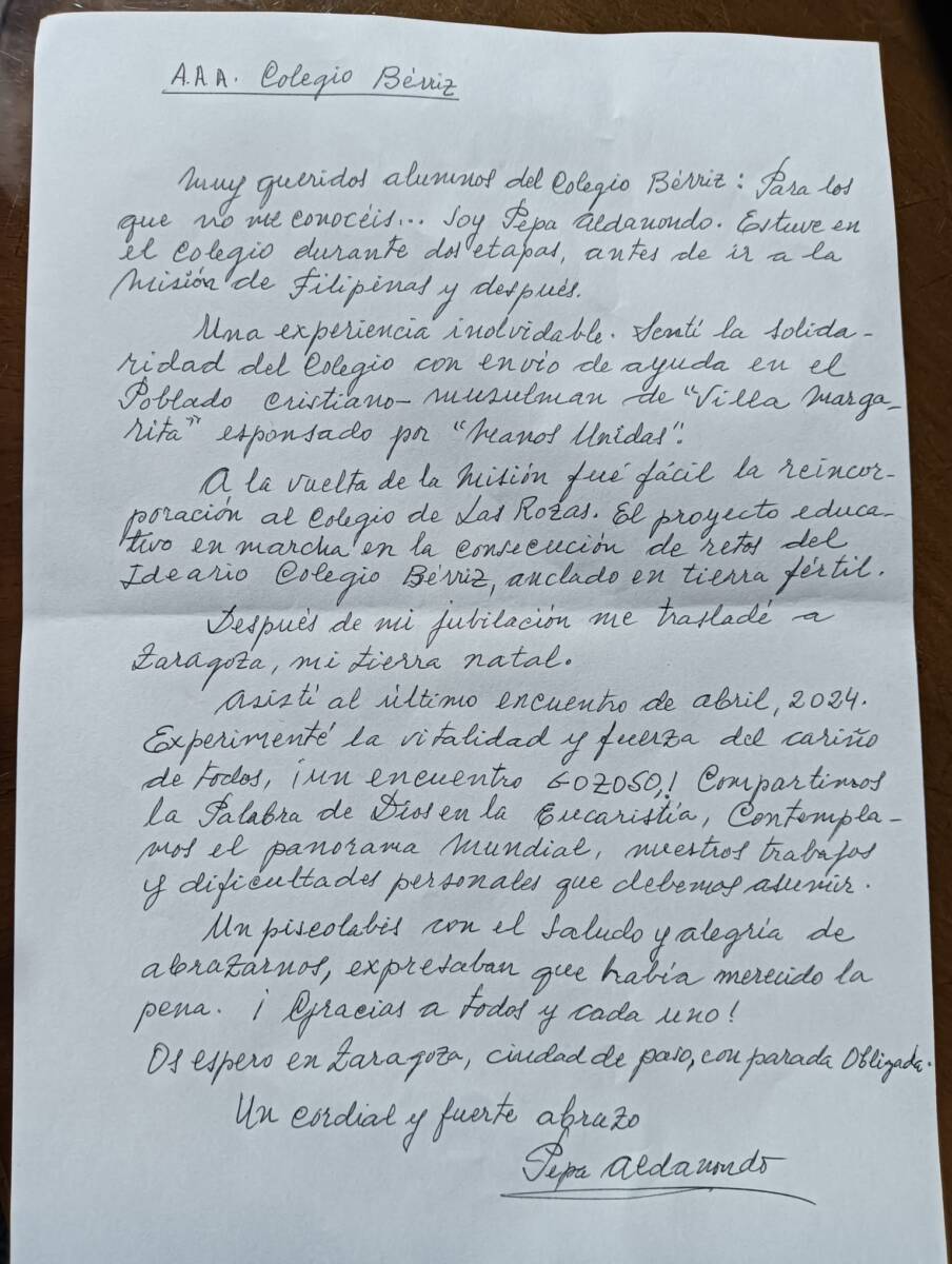 Carta de la profesora Pepa Aldanondo - Antiguos Alumnos Bérriz