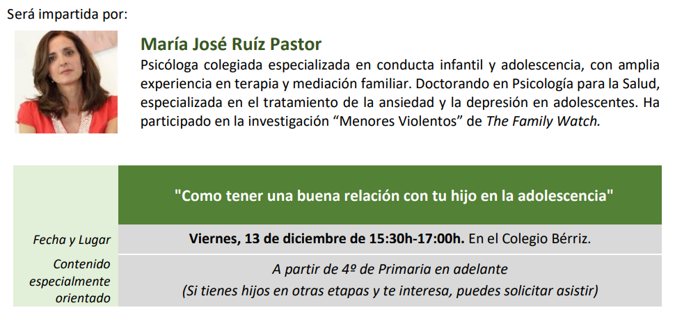 Charla cómo tener una buena relación con tu hijo en la adolescencia - Escuela de Madres y Padres Bérriz Las Rozas