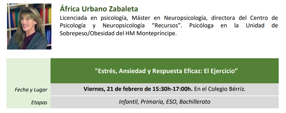 Charla África Urbano Escuela de Madres y Padres Bérriz Las Rozas - Estrés, ansiedad y respuesta eficaz el ejercicio
