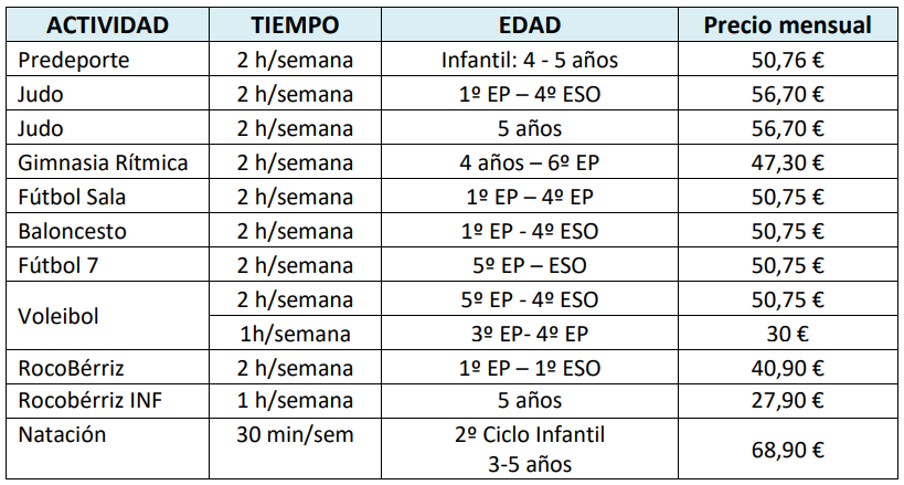 Horario actividades deportivas Fundación Colegio Bérriz Curso 2026-27